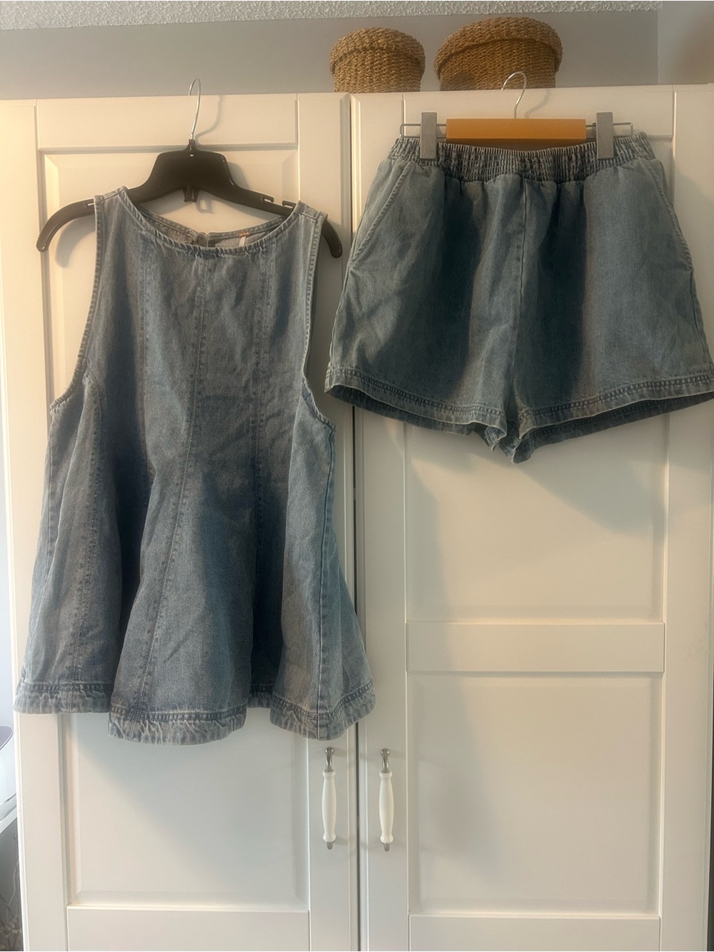 Free People Light Blue Washed Denim Tank & Elastic Waist Shorts Set
